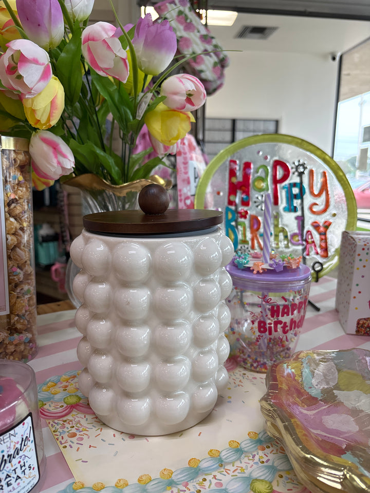Round Stoneware Canister with Raised Dots and Acacia Wood Lid, White and Natural