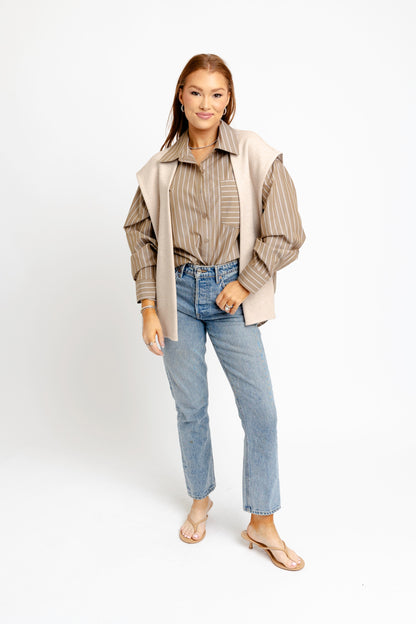 Hailey Stripe Button Up Top with Faux Sweater