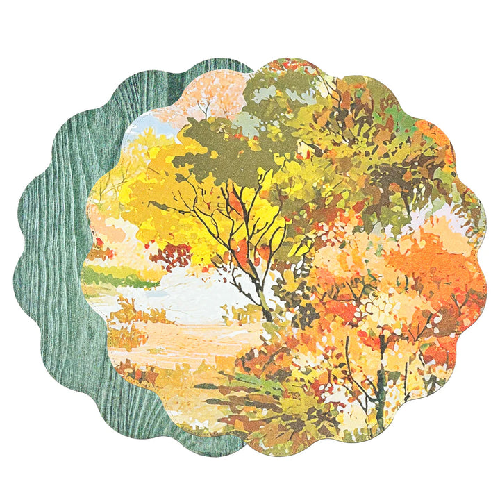 VIDA Fall Trees and Wood Grain Reversible Round Placemats Set of 4 Orange & Green