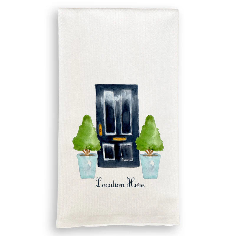 Black Door with Green Topiary Trees Dishtowel - Beaumont,Texas as location.