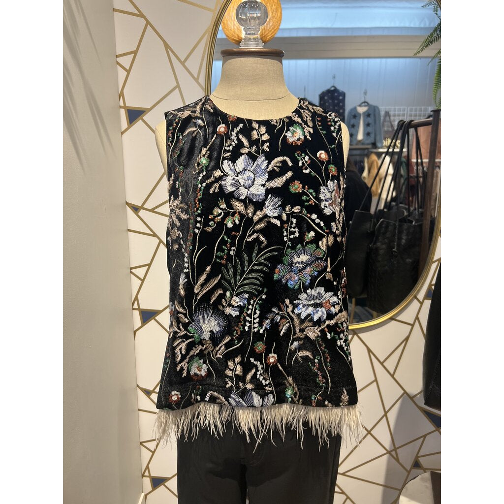 THML Sleeveless floral embroidery feather hem top.