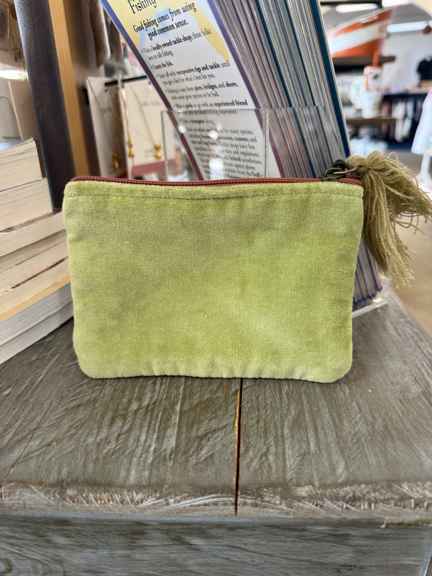 Green Cotton Velvet Zip Pouch with Tassel