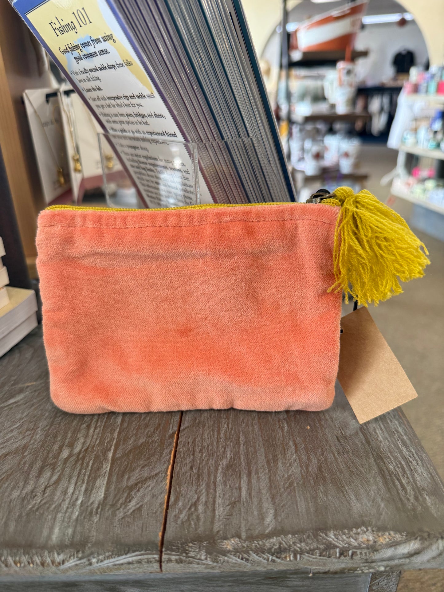 Coral Cotton Velvet Zip Pouch with Tassel