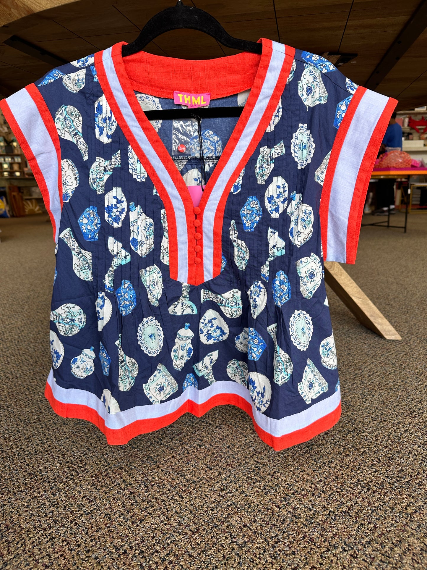 Navy Blue Chinoiserie Jar Pattern Blouse