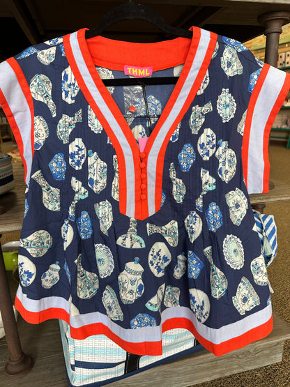 Navy Blue Chinoiserie Jar Pattern Blouse