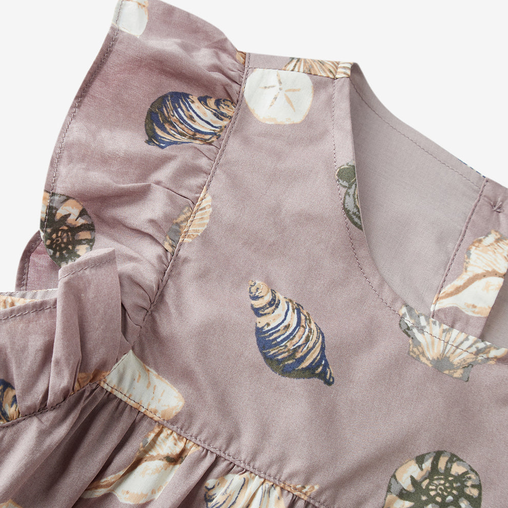 “Purple Seashells” Butterfly Sleeve Ruffle Dress