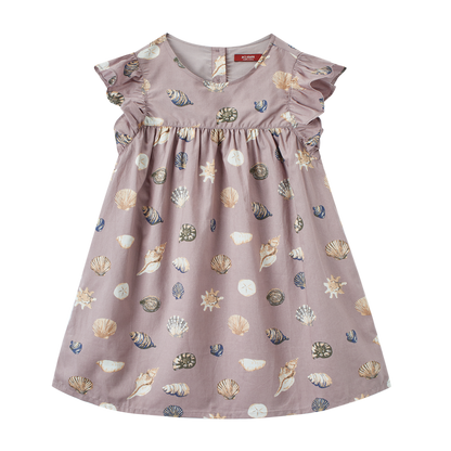 “Purple Seashells” Butterfly Sleeve Ruffle Dress