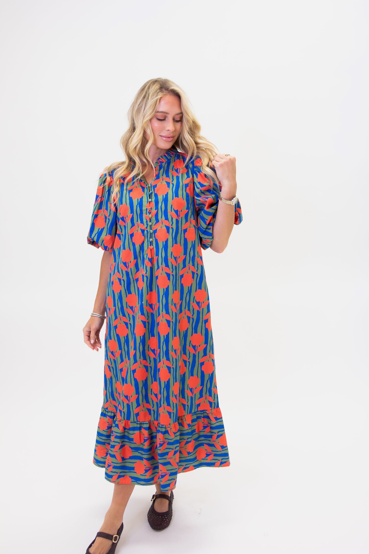 Stripe Mod Floral Puff Maxi Dress