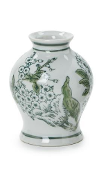 Primrose and Lotus Hand-Painted Mini Green and White Chinoiserie Vase - Short Wide