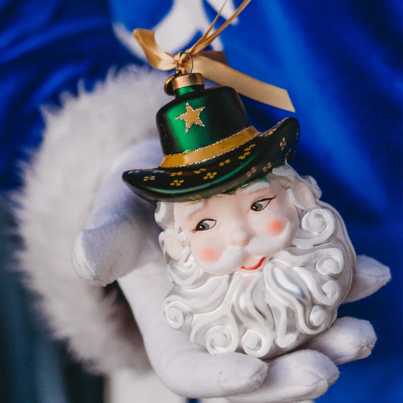 Green & Gold Cowboy Santa Blown Glass Christmas Ornament | Texan Christmas 2026 Edition