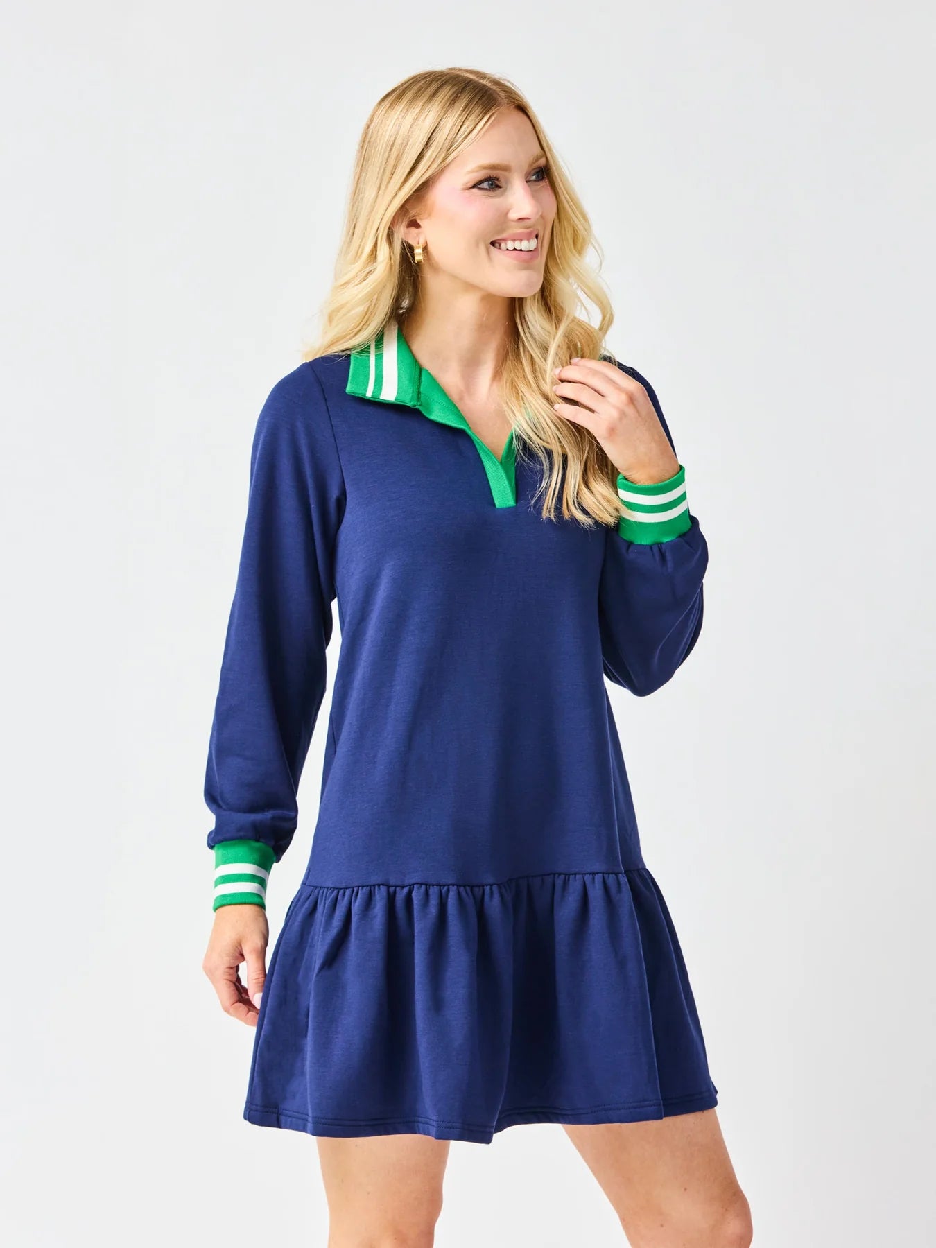 Allison Dress in Navy w/green Trim