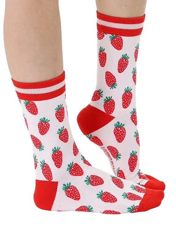 Women's Bamboo Crew Socks - Strawberries - Red & White