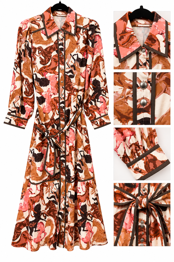 THML Equestrian Print Button-Front Belted Midi Dress