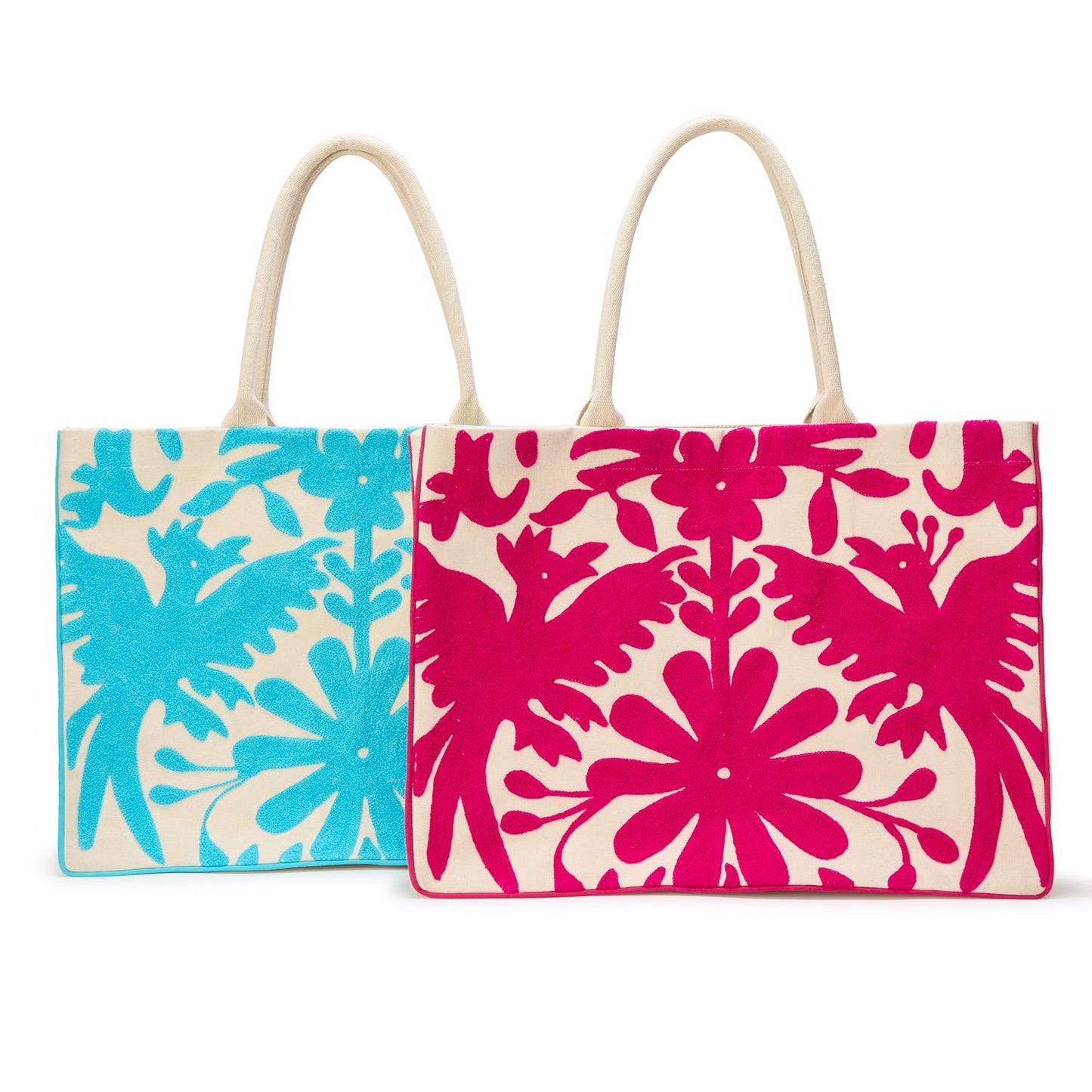 Flora and Fauna Embroidered Tote Bag in Bright Blue or Bright Pink