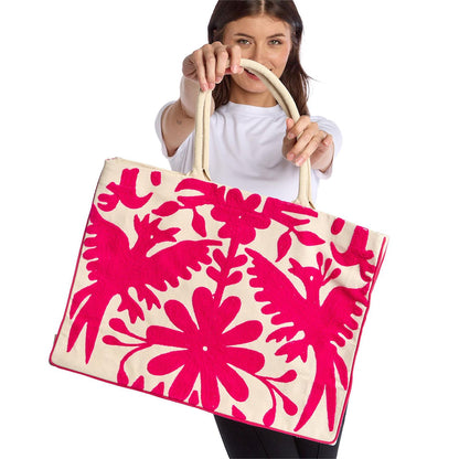 Flora and Fauna Embroidered Tote Bag in Bright Blue or Bright Pink