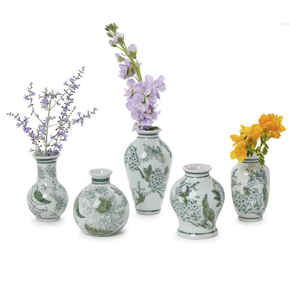 Primrose and Lotus Hand-Painted Mini Green and White Chinoiserie Vase - Short Wide