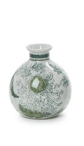 Primrose and Lotus Hand-Painted Mini Green and White Chinoiserie Vase - Round Shape